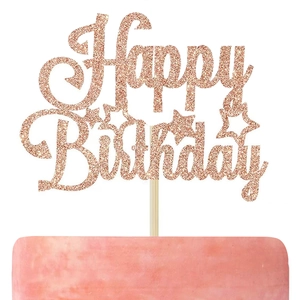 Décoration de gâteau Happy Birthday pailletée or rose avec étoiles sur gâteau