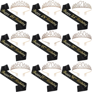 Gold Birthday Girl Rhinestone Tiara Crown And Black Satin Sash Happy Birthday Party Headband For Women Girls Celebration Accessory