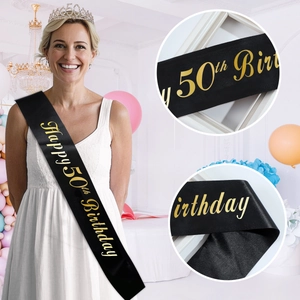 Elegant 50th birthday set with black gold glitter sash and silver rhinestone crown