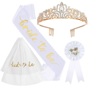 Complete Bride to Be wedding party set with tiara, white veil, satin sash, and badge
