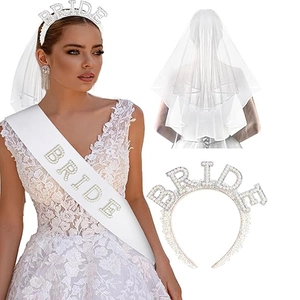 Bridal accessory set with pearl BRIDE headband, layered white veil and satin sash