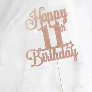 Décoration de gâteau 11ème anniversaire pailletée or rose avec étoiles pour fête