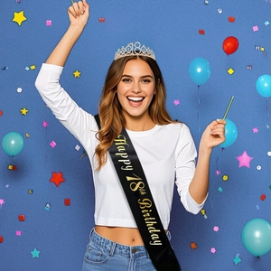 Glittering 18th Birthday crown and black gold sash set shown on a model for party fun