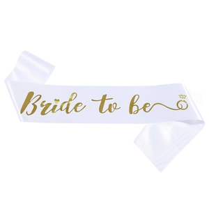 White satin Bride to be sash with gold foil lettering for bridal shower parties