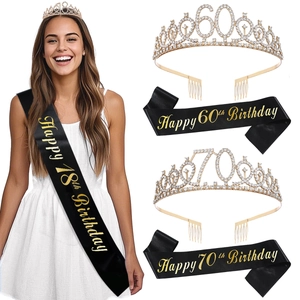 Birthday crown and sash set with rhinestone tiara and black gold satin sash for parties