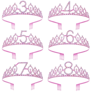 Pink AB rhinestone princess crown headbands set for girls birthday ages 3 to 8