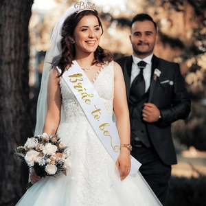 Elegant white Bride To Be sash and gold tiara set for bridal showers and weddings
