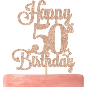 Décoration de gâteau 50 ans en or rose pailleté avec écriture élégante et une étoile