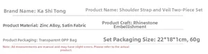 Detailed chart showing size and material specifications for the bridal veil and sash set