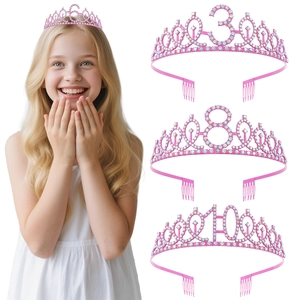 Pink Birthday Crown Tiara For Girls Rhinestone Number Three To Ten Headband Princess Party Hair Accessories Gifts