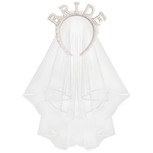 Serre-tête de mariée en perles blanches avec lettres strass et long voile en résille