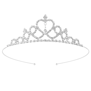 Elegant silver crystal crown with heart pendant and rhinestones on white background