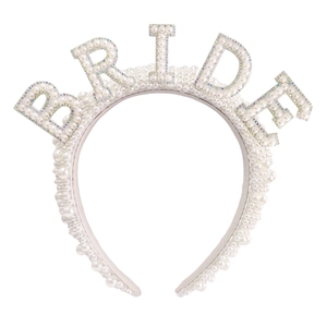 Serre-tête de mariée en perles blanches avec lettrage BRIDE pour enterrement de vie