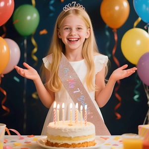 Close-up of rose gold 7th birthday glitter sash and sparkling rhinestone tiara set