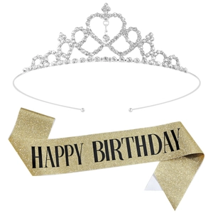 Silver rhinestone birthday tiara and gold glitter Happy Birthday sash party set