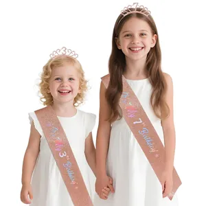 Rose gold glitter birthday sash and rhinestone crown tiara set for girl party decorations