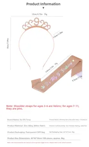Detailed dimensions of 9th birthday rose gold rhinestone tiara and pink glitter sash set