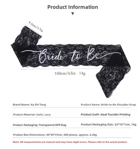 Detail view of 160x9.5cm black lace Bride to Be sash showing exact product dimensions