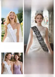 Detail of white satin and black lace sashes featuring sparkling Bride to Be laser lettering