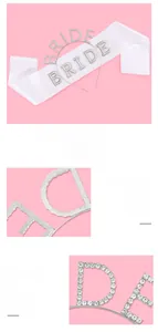 Detail view of silver rhinestone BRIDE headband and white satin sash for bachelorette party