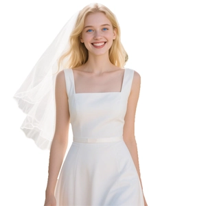 Elegant two-tier white bridal veil with minimalist square neck wedding dress on model