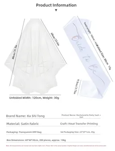 Detailed view of white lace bridal veil and satin Bride to Be sash set with sizing info