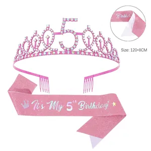 Set corona di strass rosa per 5° compleanno e fascia glitterata con velcro