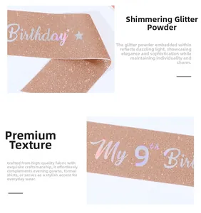 Detail of rose gold glitter sash with holographic My 9th Birthday text for girls