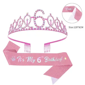 Tiara rosa con strass numero 6 e fascia di compleanno lucida per festa dei 6 anni