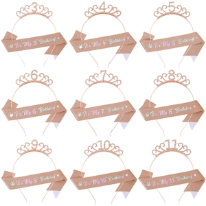 Detail of rose gold birthday crown and glitter sash sets for ages 3 to 11 years old