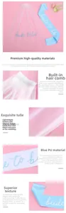 Detail showing bridal shower veil with hair comb and elegant blue Bride to be sash set