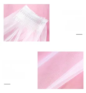 Close-up detail of bridal lace veil with high-quality mesh fabric and transparent hair comb