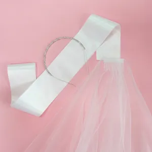 3-piece white bride to be set with rhinestone headband, satin sash and bridal veil
