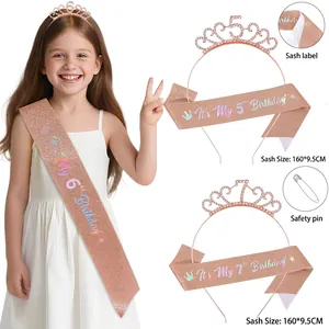 Rose Gold Birthday Girl Tiara Crown And Sash Set Rhinestone Glitter Birthday Queen Sash Party Decorations For Women Girls