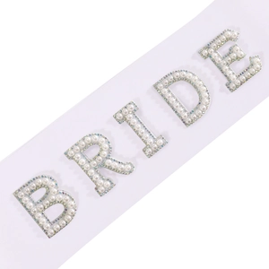3-piece white satin Bride to Be sash set with pearls and rhinestones for bachelorette parties