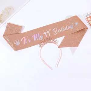 Rose gold 11th birthday girl set with rhinestone crown and glitter sash accessories
