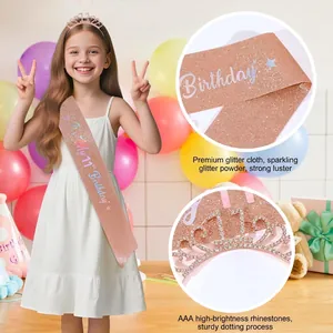 11th birthday crown and rose gold glitter sash set for girls party decorations