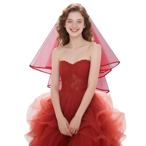 Elegant red strapless wedding dress with lace embroidery and matching bridal veil