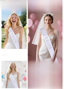 Bride party set with rhinestone headband veil and white satin sash on models
