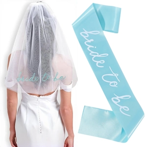 2-piece bride to be set with double-layered white veil and sky blue satin sash