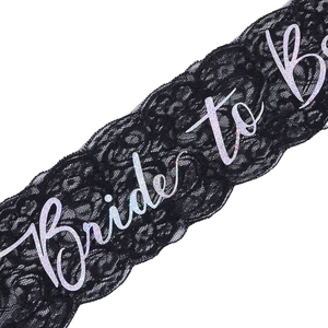 Elegant black floral lace Bride To Be sash with holographic silver glitter lettering