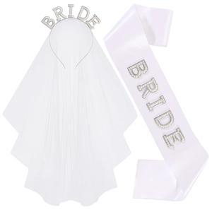 Bride To Be Wedding Accessories Rhinestone Artificial Pearl Headband With Mesh Veil And Satin Sash For Bachelorette Party Decorations