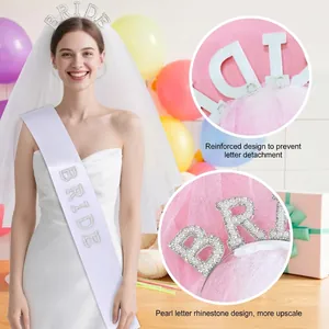 Bride to be set with pearl rhinestone headband white veil and satin sash for wedding