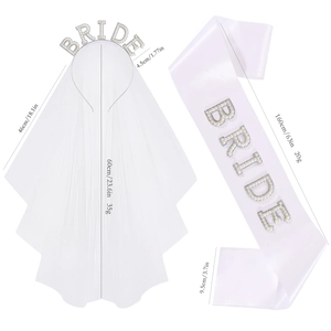 White bridal set with pearl BRIDE headband veil and satin sash for bachelorette party