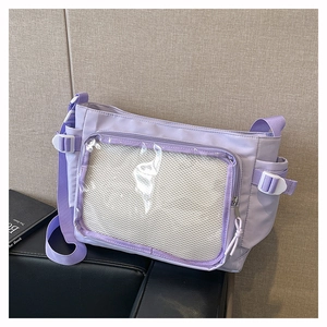 Detailed side view of the purple canvas ita bag with adjustable buckle and clear PVC layer
