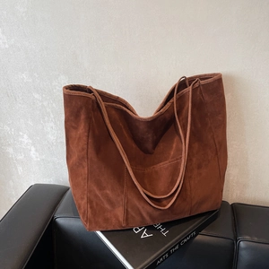 Large Capacity Velvet Tote Bag For Women Casual Simple Solid Color Shoulder Bag With Front Pocket Shopping Travel Bag