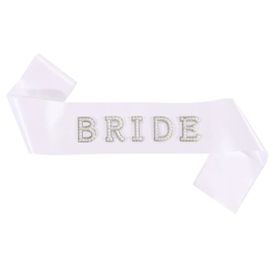 White satin bride sash with pearl and rhinestone lettering for wedding parties