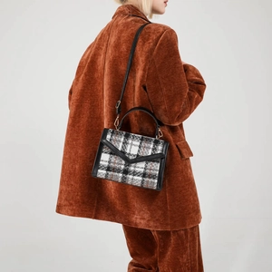Sac à main en tweed à carreaux classique avec garniture en cuir et détails dorés sur modèle