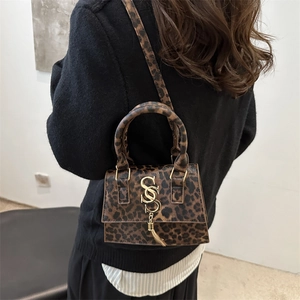 Vintage leopard print mini crossbody bag with gold tassel and metal hardware