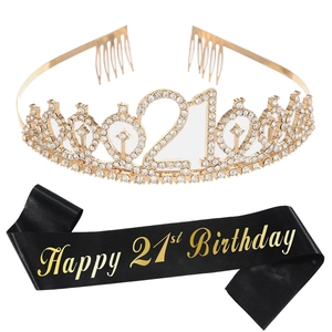 Set tiara dorata con strass per il 21° compleanno e fascia in raso nero